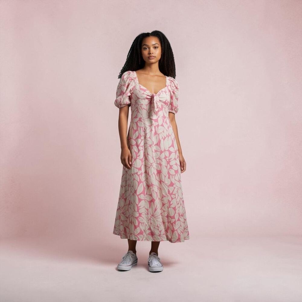 Emerson Fry pink floral/leaf print midi dress